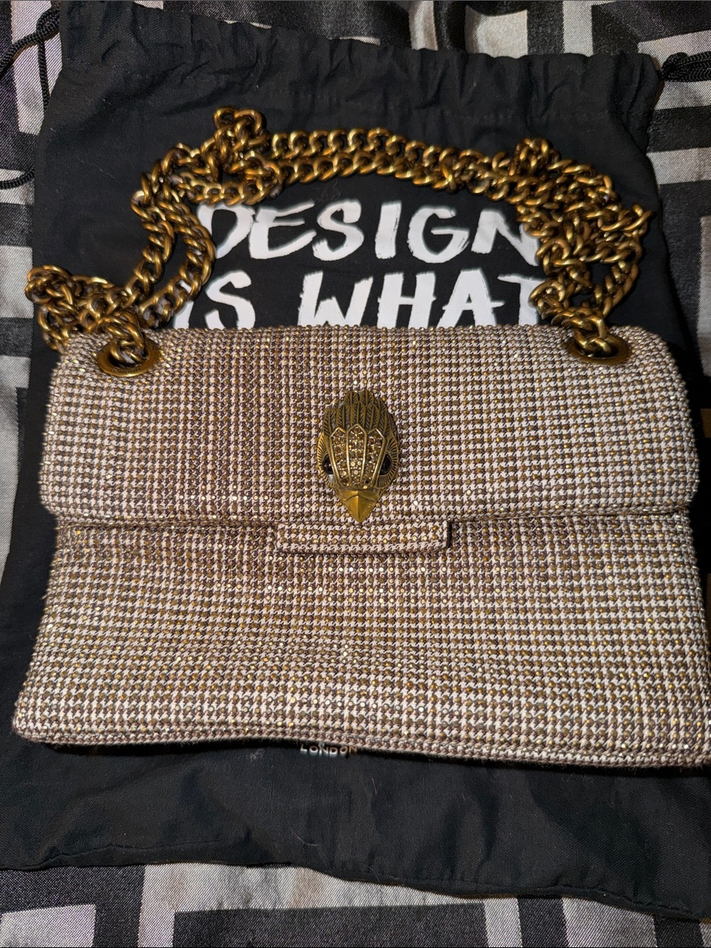 Kurt Geiger Tweed Shoulder Bag with Gold Chain